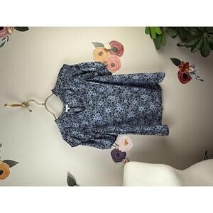 VOY Blue Floral V-Neck Puff Short Sleeve Blouse - Size - Small